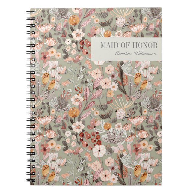 Rustic Sage Grönt Taupe Blommigt Boho Maid of hono Anteckningsbok (Framsidan)