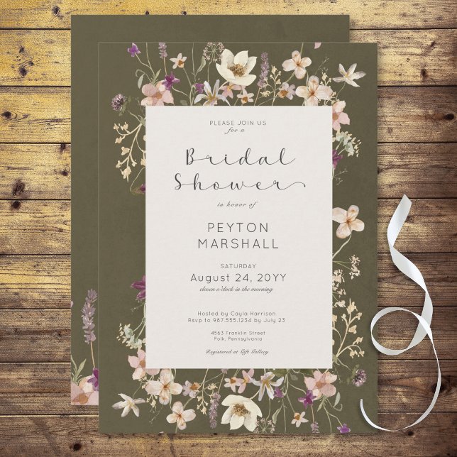 Rustic Sage Grönt Wildblomme Ram Möhippa Inbjudningar (Rustic Pink Wildflower Frame Bridal Shower Invitation)