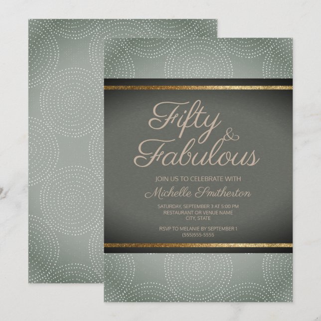 Rustic Sage Mörk grönt Guld Abstrakt 50:e födelsed Inbjudningar (Fram/baksida)