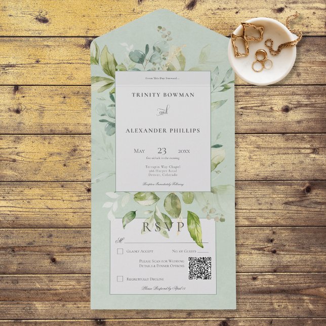 Rustic Sage Natural Greenery QR-kod (Also available without a QR code; with or without dinner selection options.)