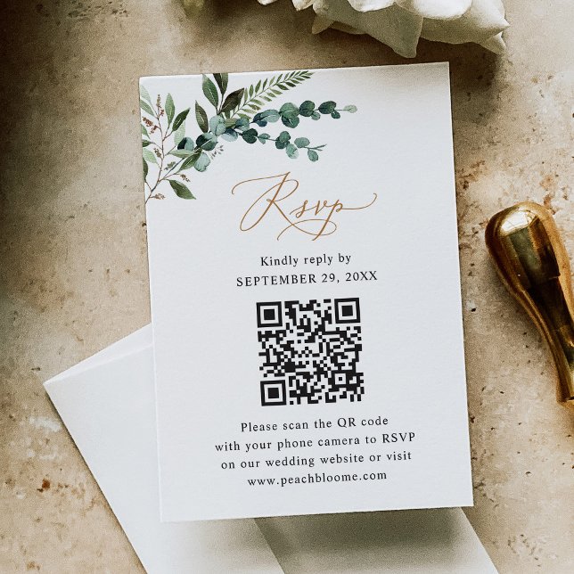 Rustic Sage QR-kod Greenery Guld Bröllop OSA Kort (Skapare uppladdad)