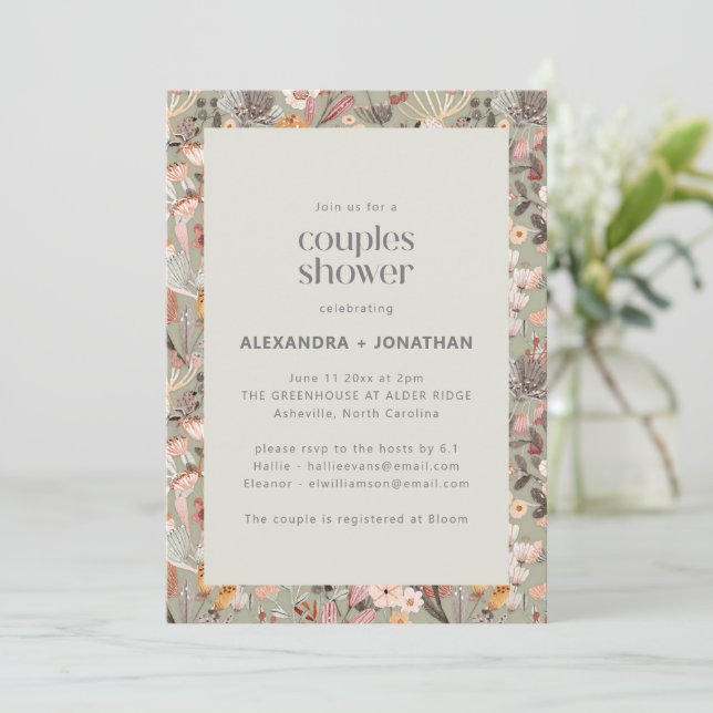 Rustic Sage Wildflower Botanical Couples Shower Inbjudningar (Stående Fram)