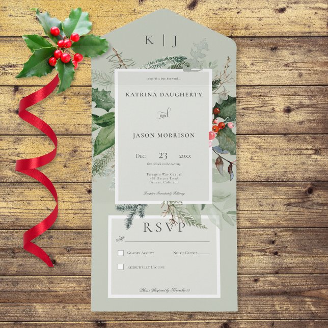 Rustic Sage Winter Holly & Gräs No Middag (Also available with a QR code or with dinner selection options.)