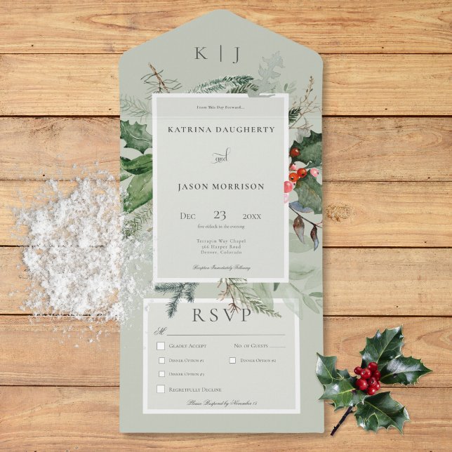 Rustic Sage Winter Holly & Gräs tremiddag (Rustic Sage Winter Holly & Pine Three Dinner All In One Invitation)