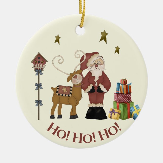 Rustic Santa, Reindeer Scene - Helgdag Gift Julgransprydnad Keramik (Framsidan)