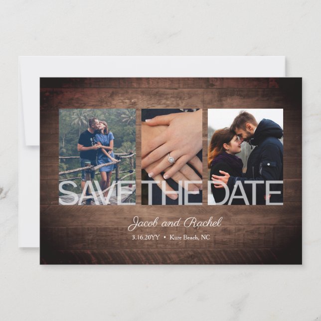 Rustic Save Date 3-Photo Collage Wood Bröllop Spara Datumet (Framsida)