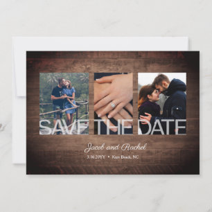 Rustic Save Date 3-Photo Collage Wood Bröllop Spara Datumet
