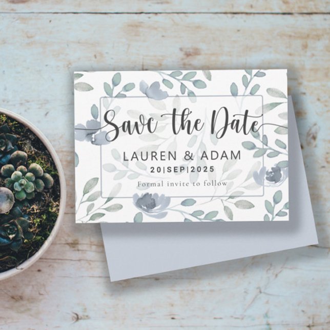Rustic Save Date Dusty Blue Eucalyptus Blommigt Spara Datumet (Skapare uppladdad)