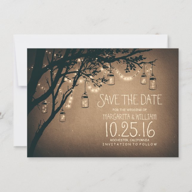 Rustic Save the Date & Fireflies Mason Burk Spara Datumet (Framsida)