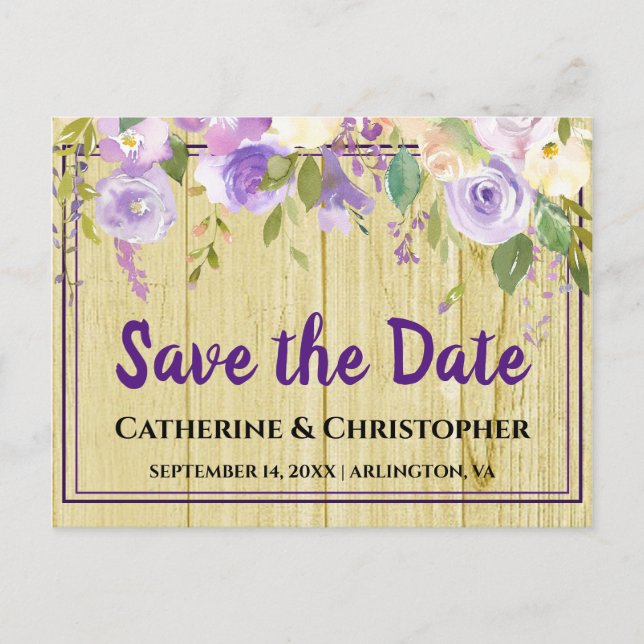 Rustic Save the Date Lila Blommigt Notification Vykort (Framsida)