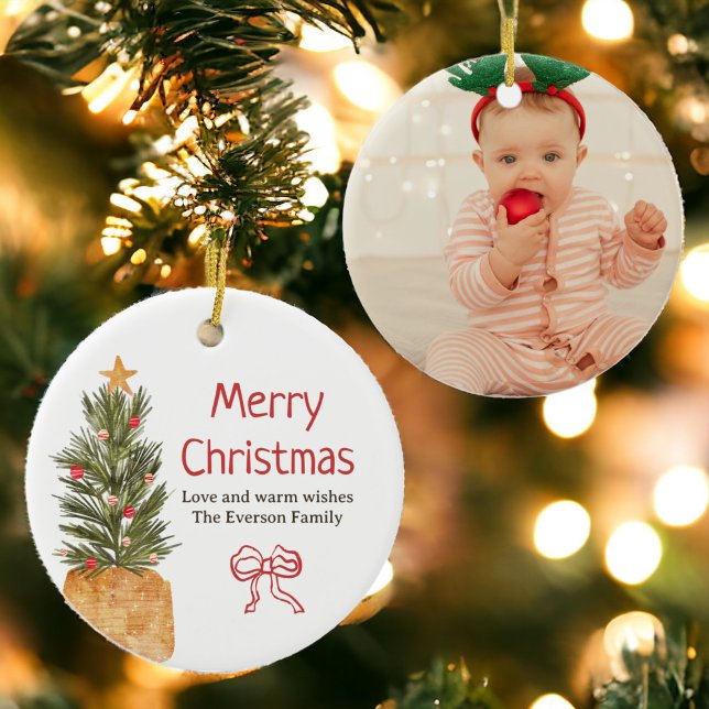 Rustic Scandi Bow Boho Julgran Photo Julgransprydnad Keramik (Rustic Scandi Bow Boho Christmas Tree Photo Ceramic Ornament)