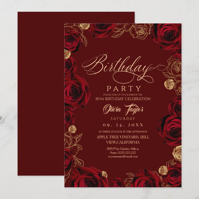 Rustic Script Burgundy Rose Birthday  Inbjudningar (Fram/baksida)