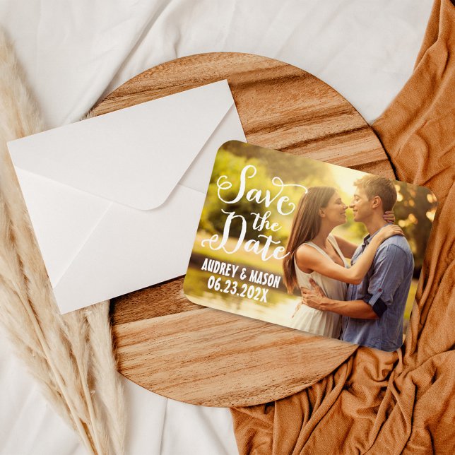 Rustic Script Foto Spara Datum Magnet (Skapare uppladdad)