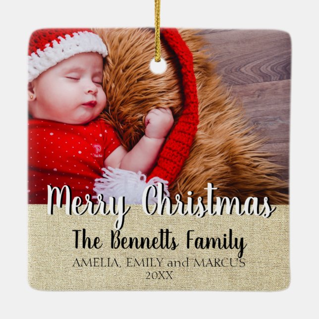 Rustic Script God Jul Holiday Foto Julgransprydnad Keramik (Baksida)