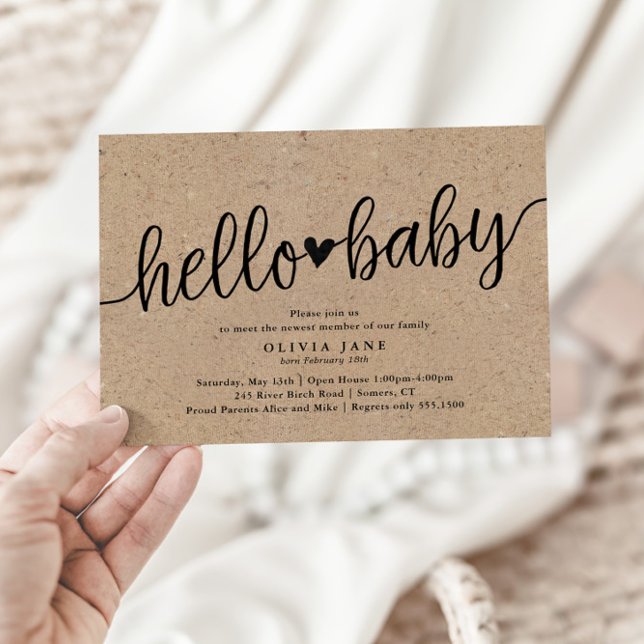 Rustic Script Kraft Hej Baby Sip och See Shower Inbjudningar (Skapare uppladdad)