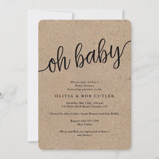 Rustic Script Kraft Oh Baby Shower Inbjudningar (Framsida)