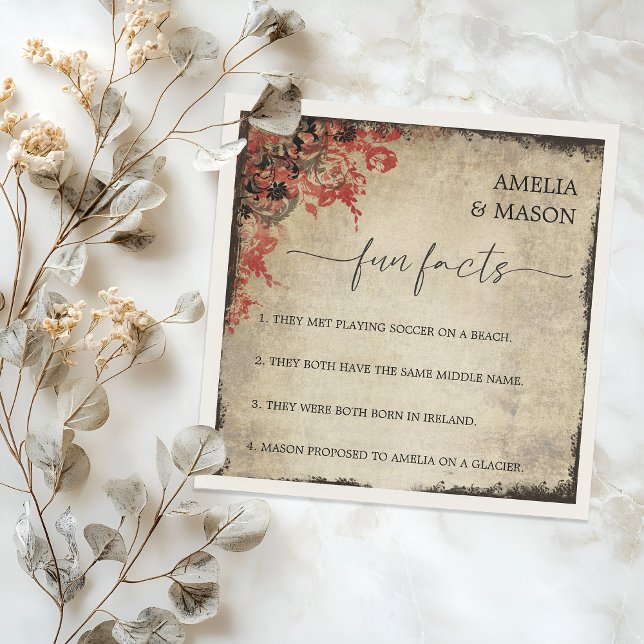 Rustic Script Röda Blommiga Roligheter Bröllop  Pappersservett (Rustic Script Red Floral Fun Facts Wedding Napkins)
