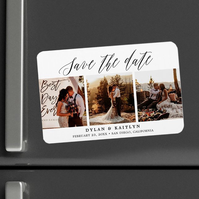 Rustic Script Tre Bilder Spara Datum 4x6 Magnet (Skapare uppladdad)
