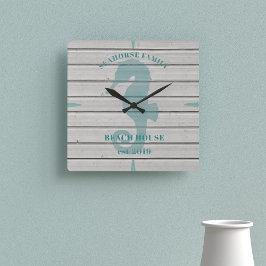 Rustic Seahorse Family Beach House Wall Clock Fyrkantig Klocka