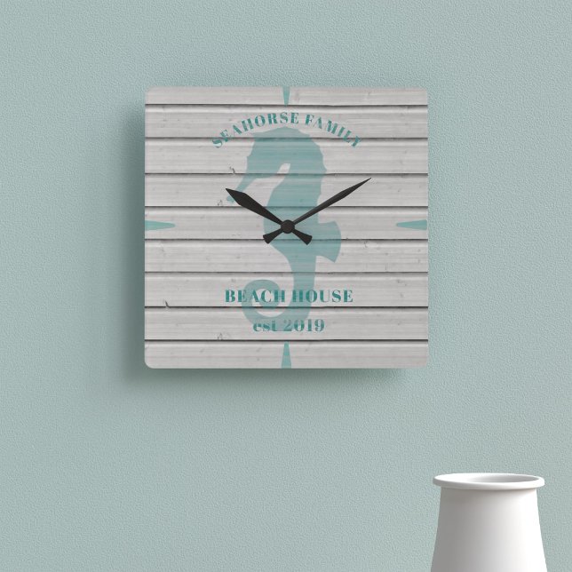 Rustic Seahorse Family Beach House Wall Clock Fyrkantig Klocka (A rustic seahorse clock with space for your family name, beach house and year established)