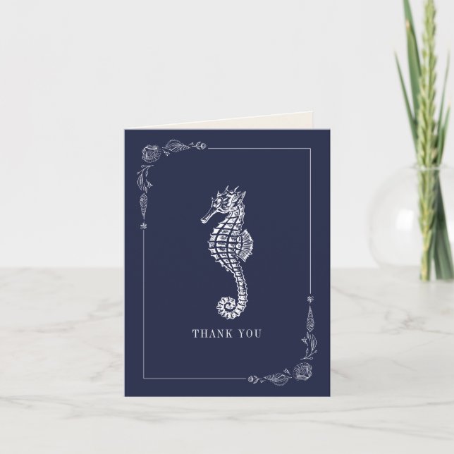 Rustic Seahorse Mörk blått Beach Wedding Tack Kort (Framsida)