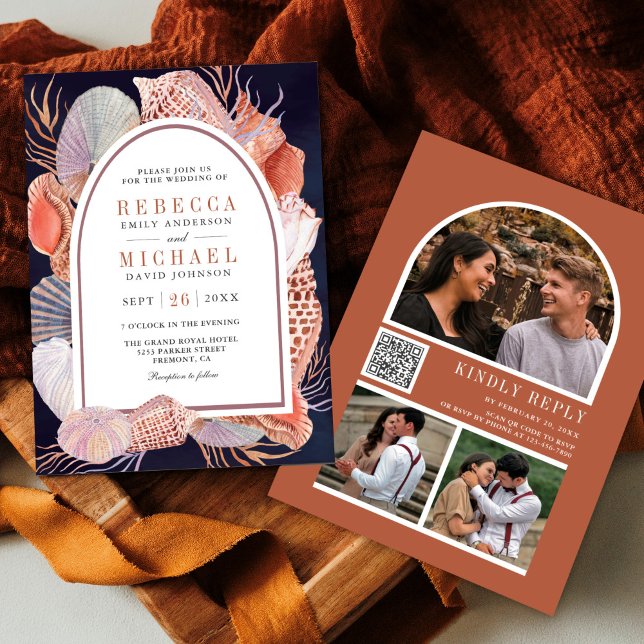 Rustic Seashell Nautical Navy Blue QR Code Bröllop Inbjudningar (Skapare uppladdad)