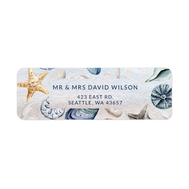 Rustic Seashells Ocean Sea Summer Beach Wedding Returadress Etikett (Framsidan)
