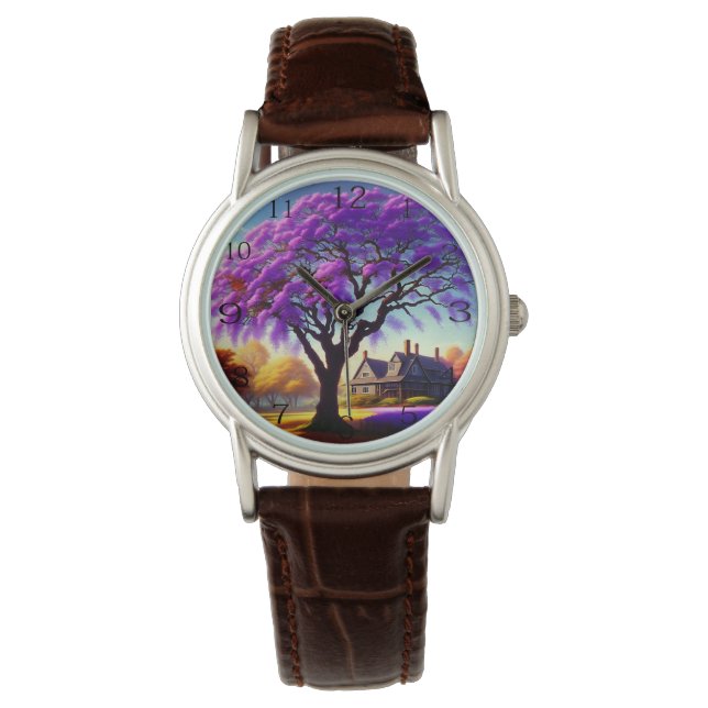 **"Rustic Serenity: Lila Jacarandas Embrace Armbandsur (Framsida)