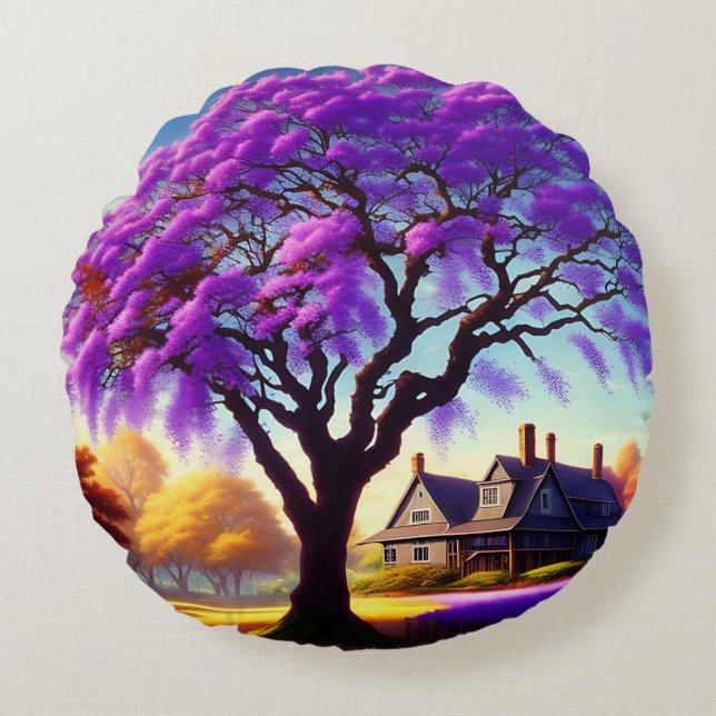 **"Rustic Serenity: Lila Jacarandas Embrace Rund Kudde (Framsidan)