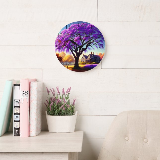 **"Rustic Serenity: Lila Jacarandas Embrace Stor Klocka (Läsesal)