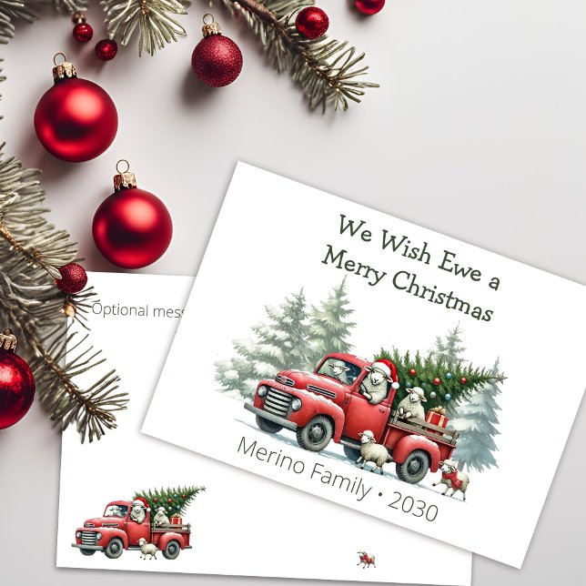 Rustic Sheep Red Lastbil ThLED Julkort (we wish ewe a merry christmas, vintage red truck greeting card)