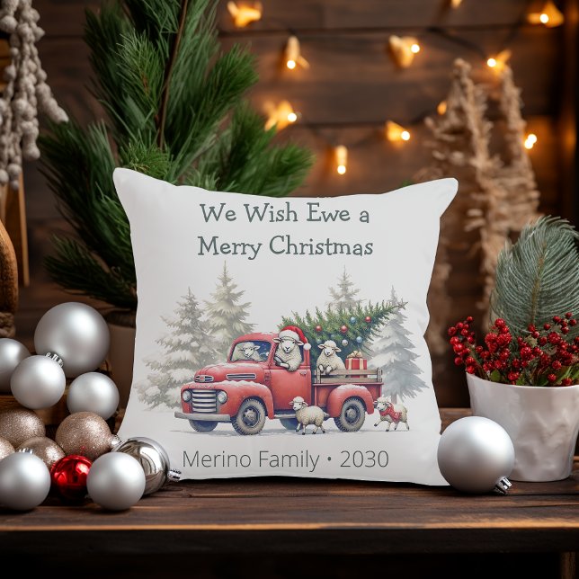 Rustic Sheep Red Lastbil ThLED Kudde (We wish ewe a merry christmas throw pillow)