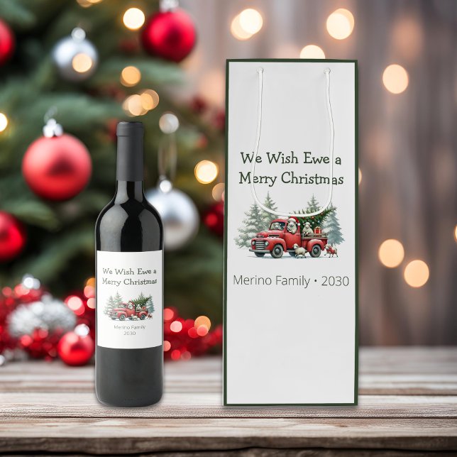 Rustic Sheep Vintage Red Lastbil (we wish ewe a merry christmas wine bag, vintage red truck )