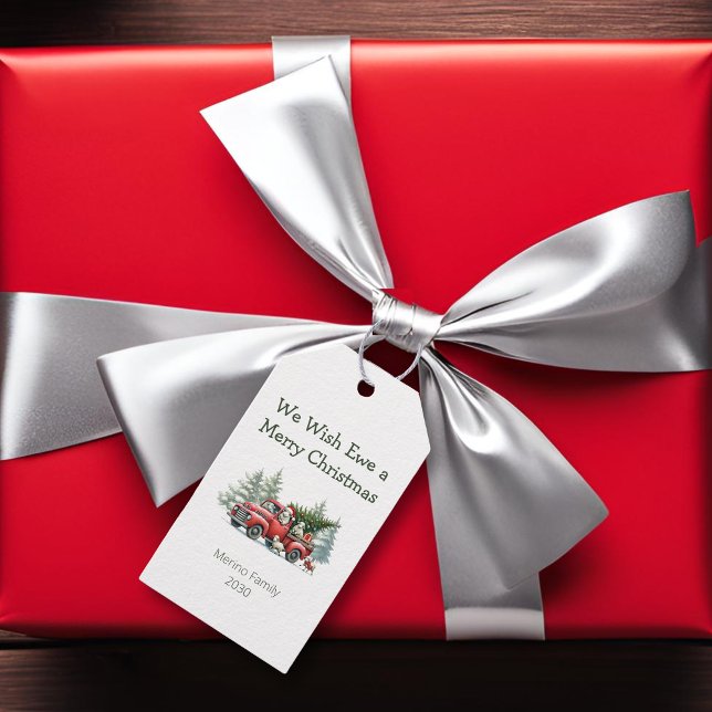 Rustic Sheep Vintage Red Lastbil Presentetikett (We wish ewe a merry christmas vertical gift tag)