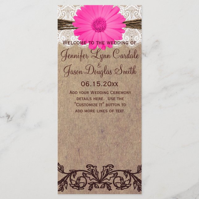 Rustic Shock rosa Gerber Daisy Bröllopsprogram Program (Framsida)