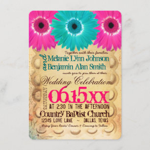Rustic Shock rosa Teal Daisys bröllopsinbjudningar Inbjudningar