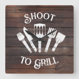 Rustic "Shoot to Grill" - Lustigt BBQ-gift Fyrkantig Klocka