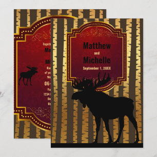 Rustic Silhouette Moose, Guld Aspen Träd Bröllop Inbjudningar