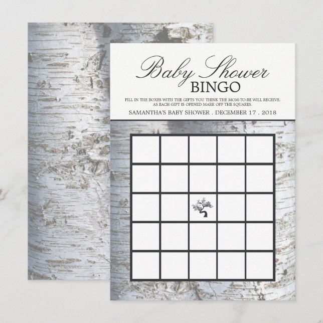 Rustic Silver Birch Träd Baby Shower Bingo Inbjudningar (Fram/baksida)