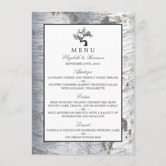 Rustic Silver Birch Träd Bröllop Menu Meny (Framsida)
