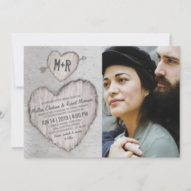 Rustic Silver Birch Träd Photo Bröllop Inbjudningar (Framsida)