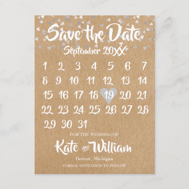 Rustic Silver Kärlek Heart Calendar Spara datum Meddelande Vykort (Framsida)