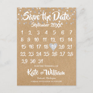 Rustic Silver Love Heart Kalender Spara Datum Meddelande Vykort