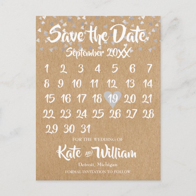 Rustic Silver Love Heart Kalender Spara Datum Meddelande Vykort (Framsida)