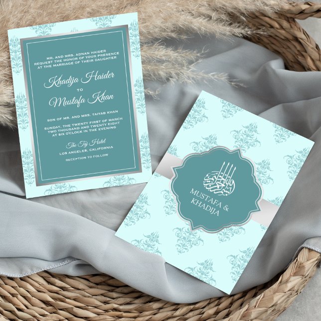 Rustic Silver Pastel Teal Damask Muslim Bröllop Inbjudningar (Skapare uppladdad)