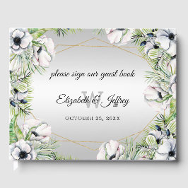 Rustic Silver White Anemone Guld Geometric Bröllop Gästböcker