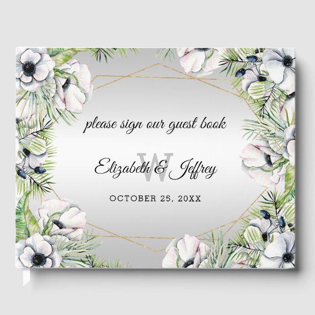 Rustic Silver White Anemone Guld Geometric Bröllop Gästböcker (Framsida)