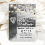 Rustic Silver Winter Träd Twinkle Ljus Bröllop Inbjudningar<br><div class="desc">Ert bröllop är en viktig milstolpe,  och det förtjänar att firas på ett sätt som verkligen fångar er kärlek-historia. Julbröllopsinbjudningar med grått och vita skogslandsövningar med träd täckt över vintern i snö,  ett levande hjärta med initialer,  och ljus med snörvning kommer att tillföra er stora dag en aning beröm.</div>