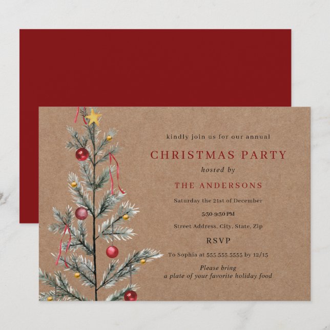 Rustic Simple Traditional Träd jul Party Inbjudningar (Fram/baksida)