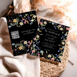 Rustic Simple WildblomBlack QR-kod Bröllop Inbjudningar